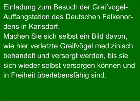 Einladung zum Besuch der Greifvogel- Auffangstation des Deutschen Falkenor- dens in Karlsdorf. Machen Sie sich selbst ein Bild davon, wie hier verletzte Greifvögel medizinisch  behandelt und versorgt werden, bis sie  sich wieder selbst versorgen können und in Freiheit überlebensfähig sind.