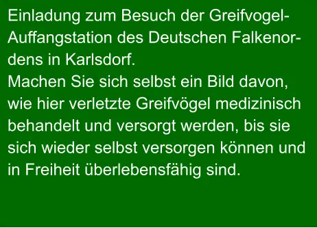 Einladung zum Besuch der Greifvogel- Auffangstation des Deutschen Falkenor- dens in Karlsdorf. Machen Sie sich selbst ein Bild davon, wie hier verletzte Greifvögel medizinisch  behandelt und versorgt werden, bis sie  sich wieder selbst versorgen können und in Freiheit überlebensfähig sind.